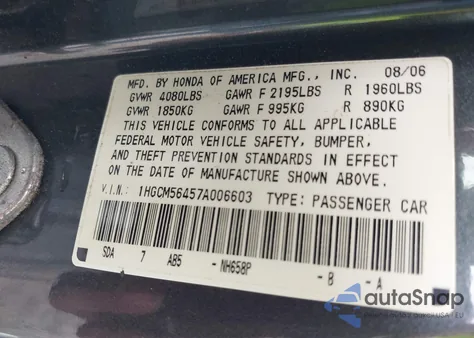 2007 Honda Accord 2.4 Lx from USA, damaged, VIN 1HGCM56457A006603